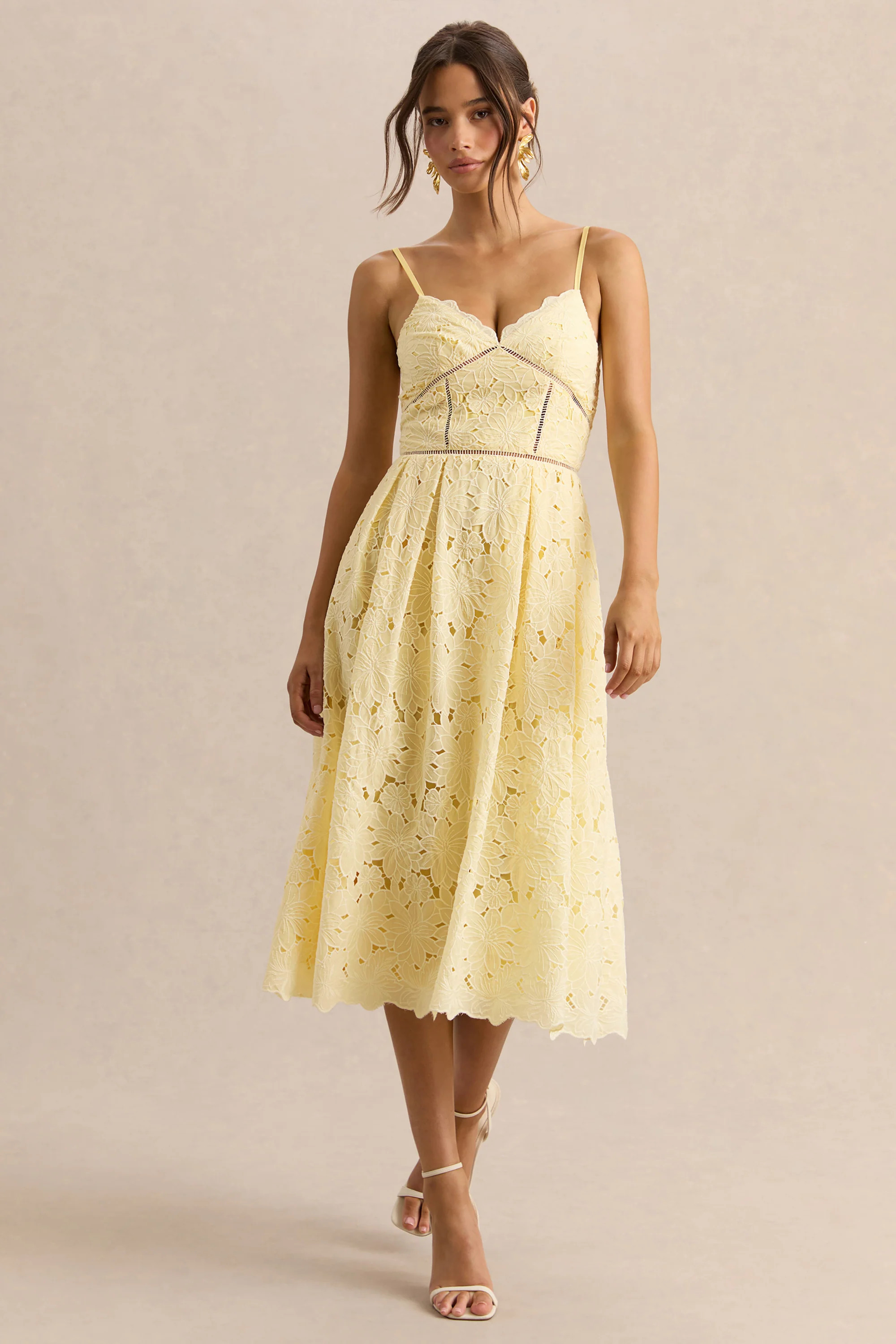 Nicoline | Lemon Lace Sweetheart Midi Dress With Cami Straps | Club L London