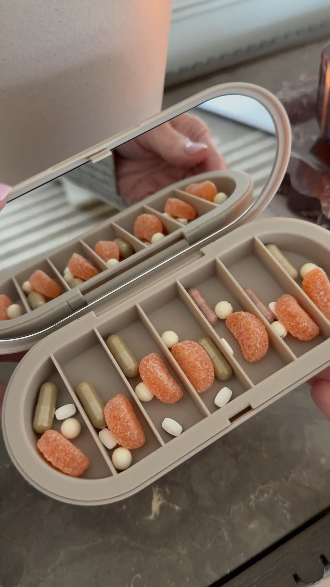 Turn your daily routine into something beautiful. 
The Pill Compact keeps your vitamins and medications organized while fitting effortlessly into your lifestyle. Designed to keep your week on track, it’s the perfect mix of function and style—because even the smallest routines deserve to feel intentional.
Suggested Use: Holds up to 8 pills per day (depending on pill size).

#LTKWorkwear #LTKselfcare #LTKgrwm