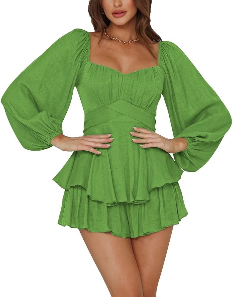 LYANER Women's Jumpsuit Lantern Long Sleeve Ruffle Layer Tie Mini Short Romper | Amazon (US)