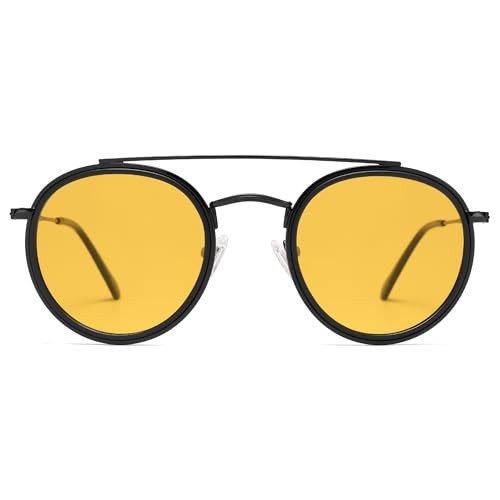 SOJOS Retro Vintage Round Polarized Sunglasses for Women Men Small Double Bridge Circle Sunnies SJ1104, Shiny Black/Yellow | Amazon (US)