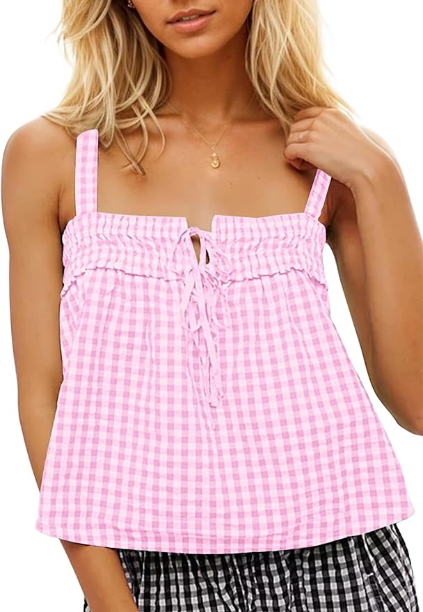 Women Cute Tie Front Plaid Crop Tank Tops Square Neck Sleeveless Gingham Camisole Tops Summer Bac... | Amazon (US)