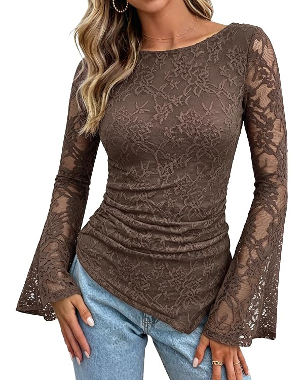 GRACE KARIN Womens Lace Top Sheer Bell Long Sleeve Ruched Asymmetrical Boho Western Clothes Fitte... | Amazon (US)