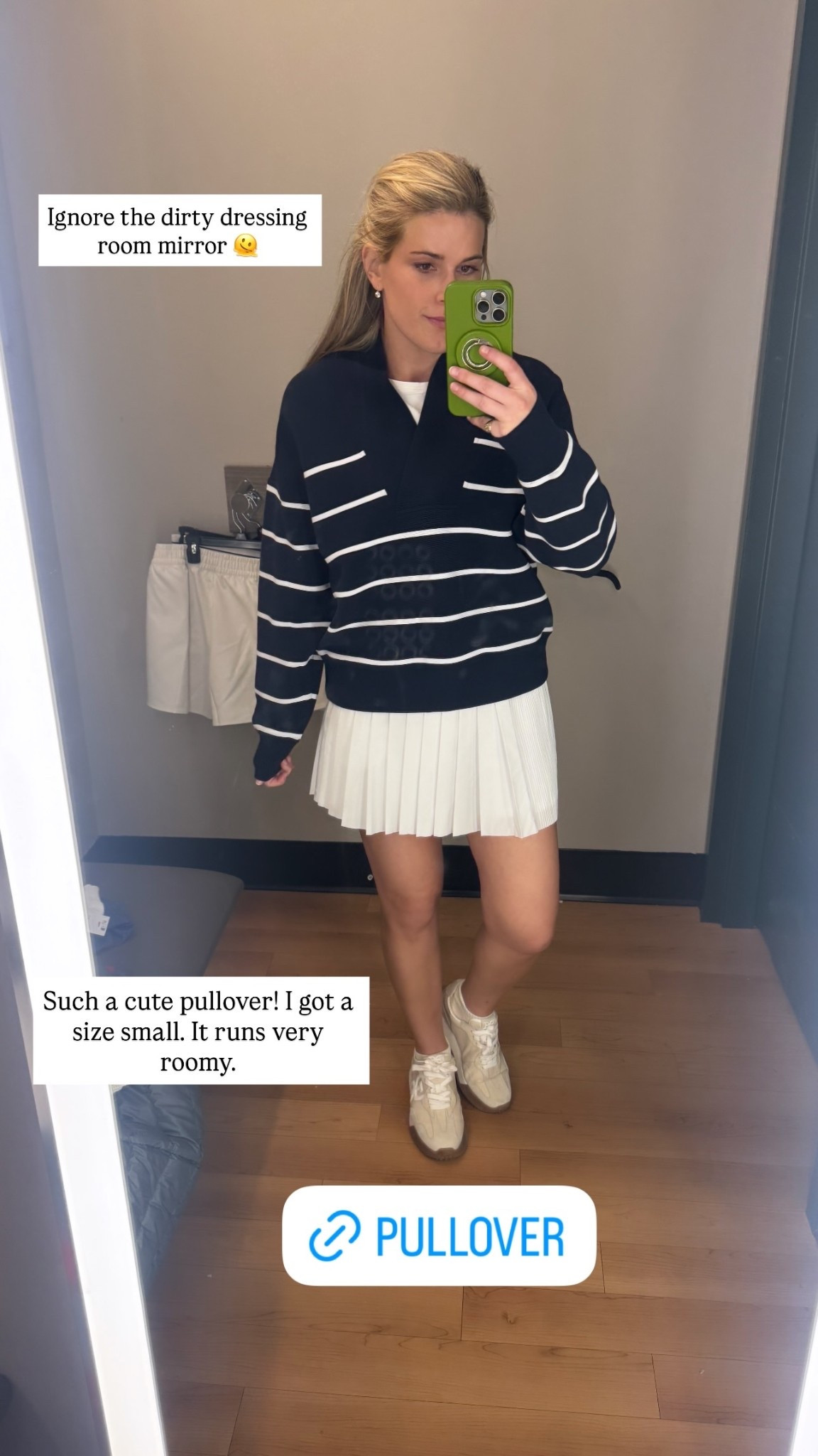 Ignore the dirty dressing room mirror 🫠 Such a cute pullover! I got a size small. It runs very roomy.