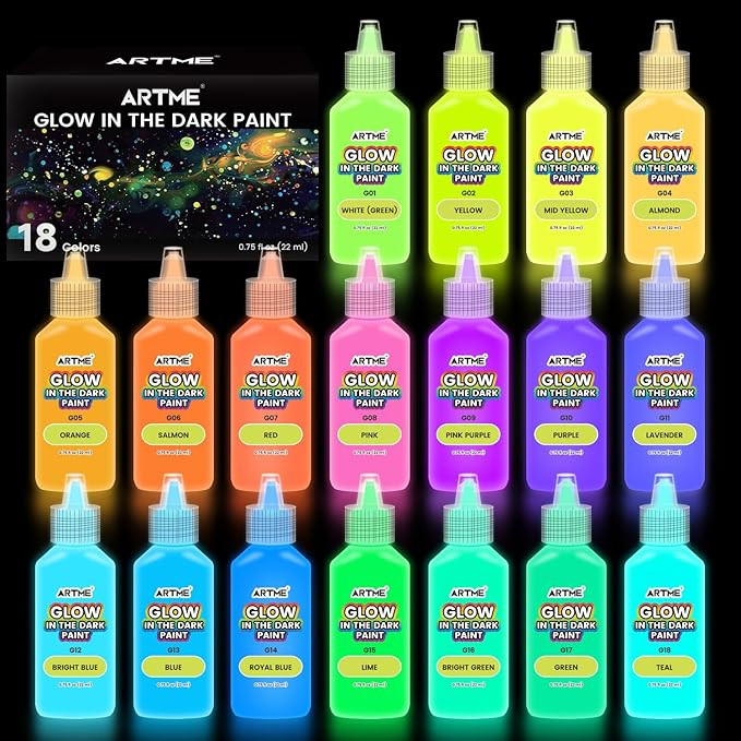 ARTME Glow in The Dark Paint, 18 Bright Colors 22ml/0.75oz Blacklight Paint Set, Neon Craft Paint... | Amazon (US)