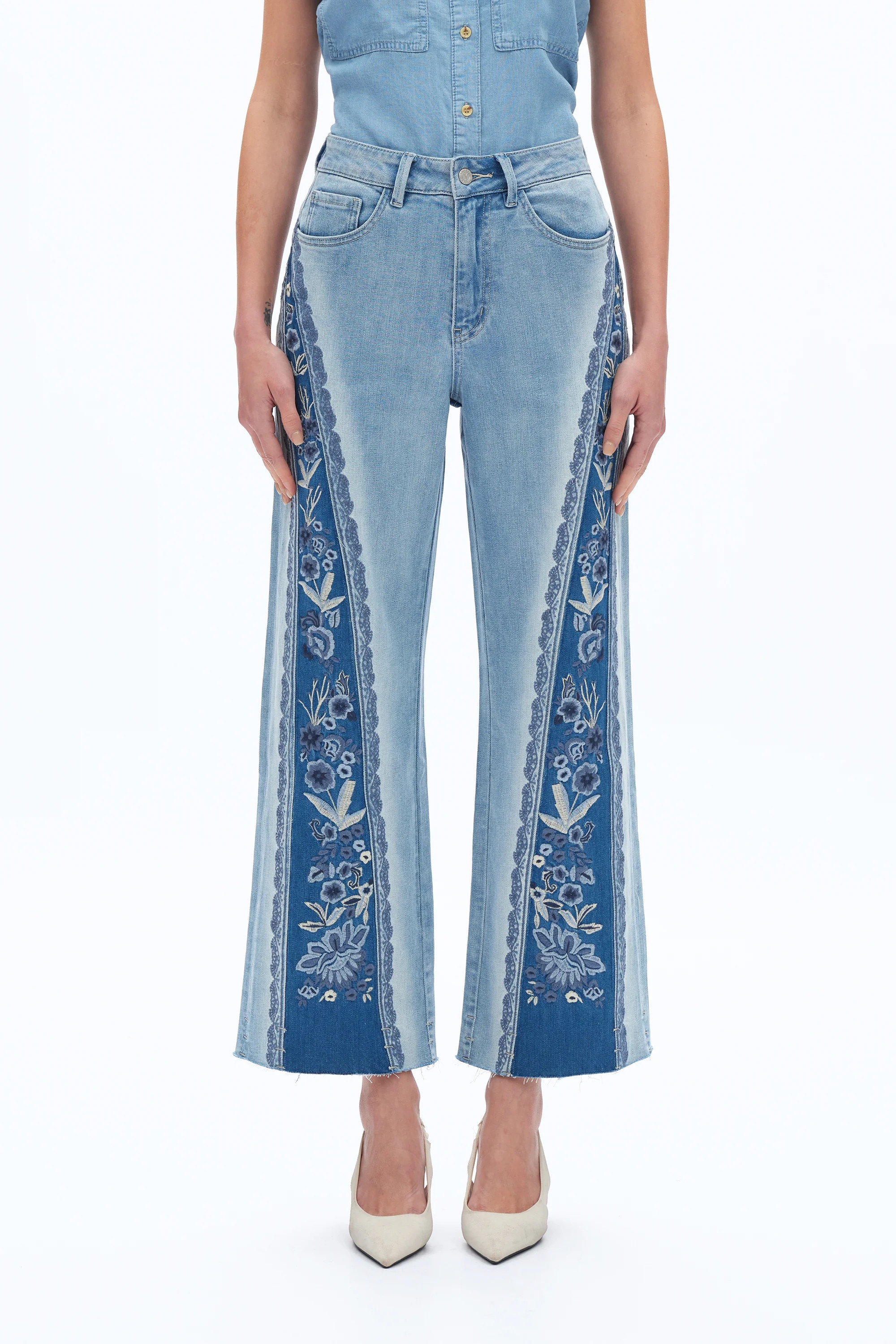 Ultra High Rise Patchwork Embroidered Wide Leg Denim Jeans | Bayeas