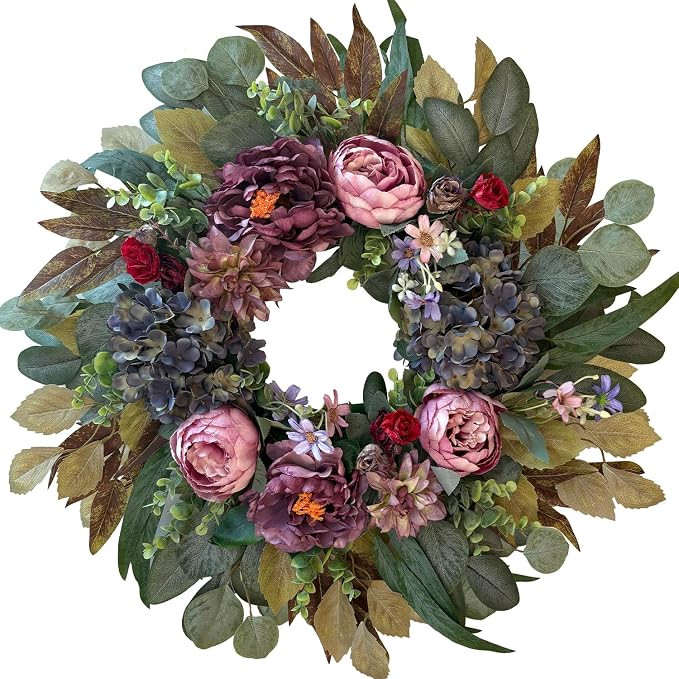 24 Inch Spring Wreaths for Front Door Decor, Spring Front Door Wreath with Pink&Purple Peony Flor... | Amazon (US)