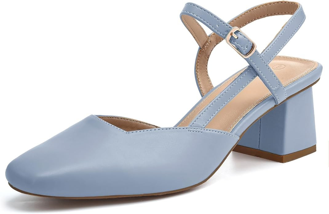 Rilista Women's Slingback Chunky Low Heels Closed Square Toe Heel Wedding Party Dress Pumps Shoes | Amazon (US)