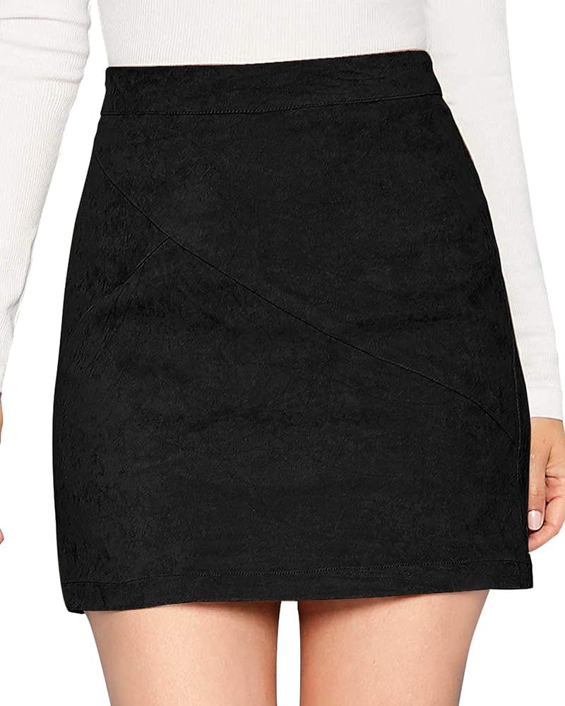MANGOPOP Women's Basic Faux Suede High Waist A-line Mini Pencil Bodycon Skirt | Amazon (US)