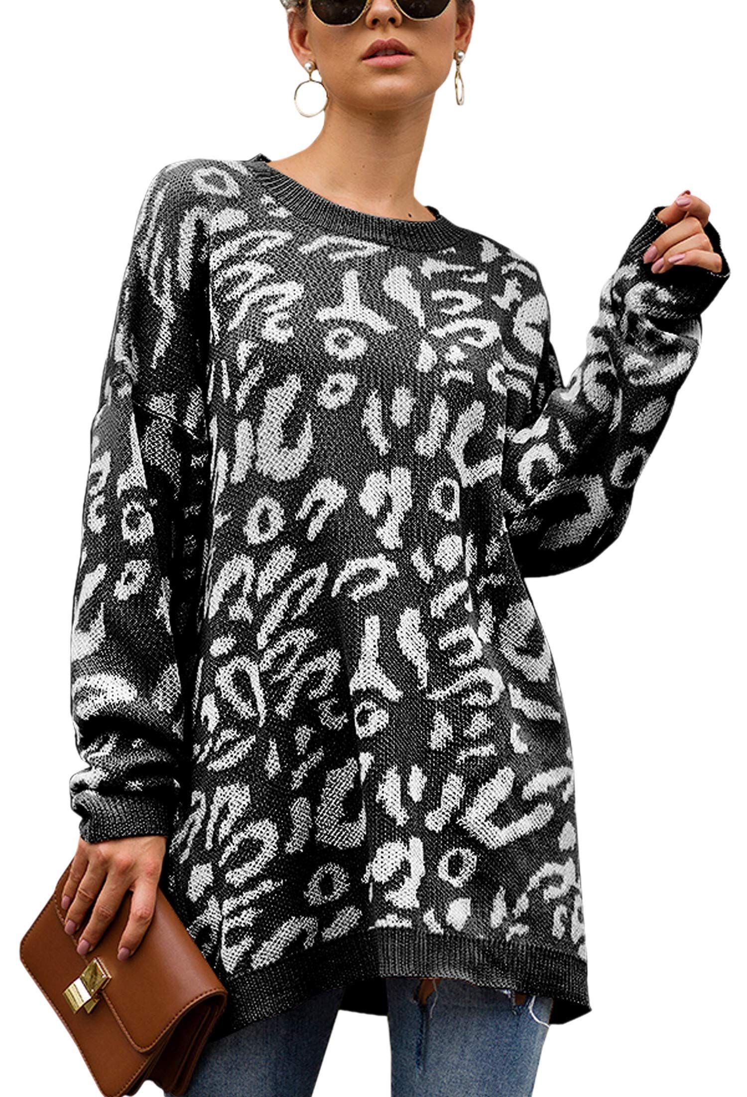 ECOWISH Women's Oversized Leopard Print Sweater Long Sleeve Casual Camouflage Print Knitted Jumper P | Amazon (US)