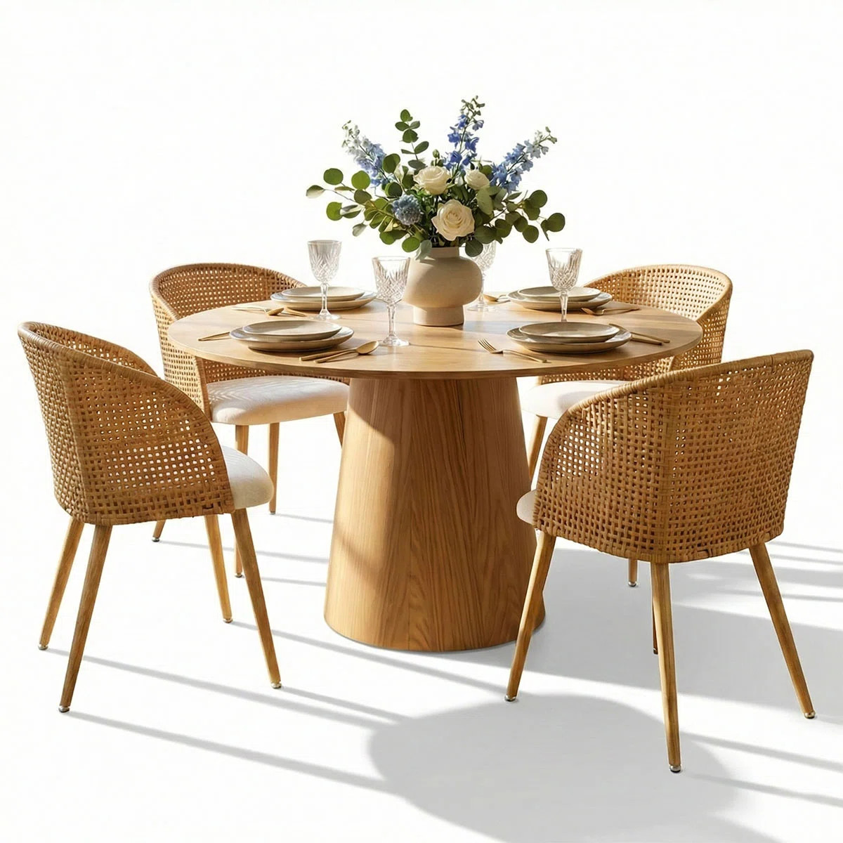 Cleston 4 - Person Dining Table Sets With 52'' Round Table & 4 Upholstered Fabric Chairs | Wayfair North America