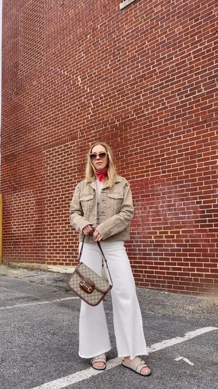 Spring outfit ideas with white denim, beige denim jacket, neck scarf, Gucci horsebit bag

#LTKVideo #LTKshoecrush #LTKfindsunder100