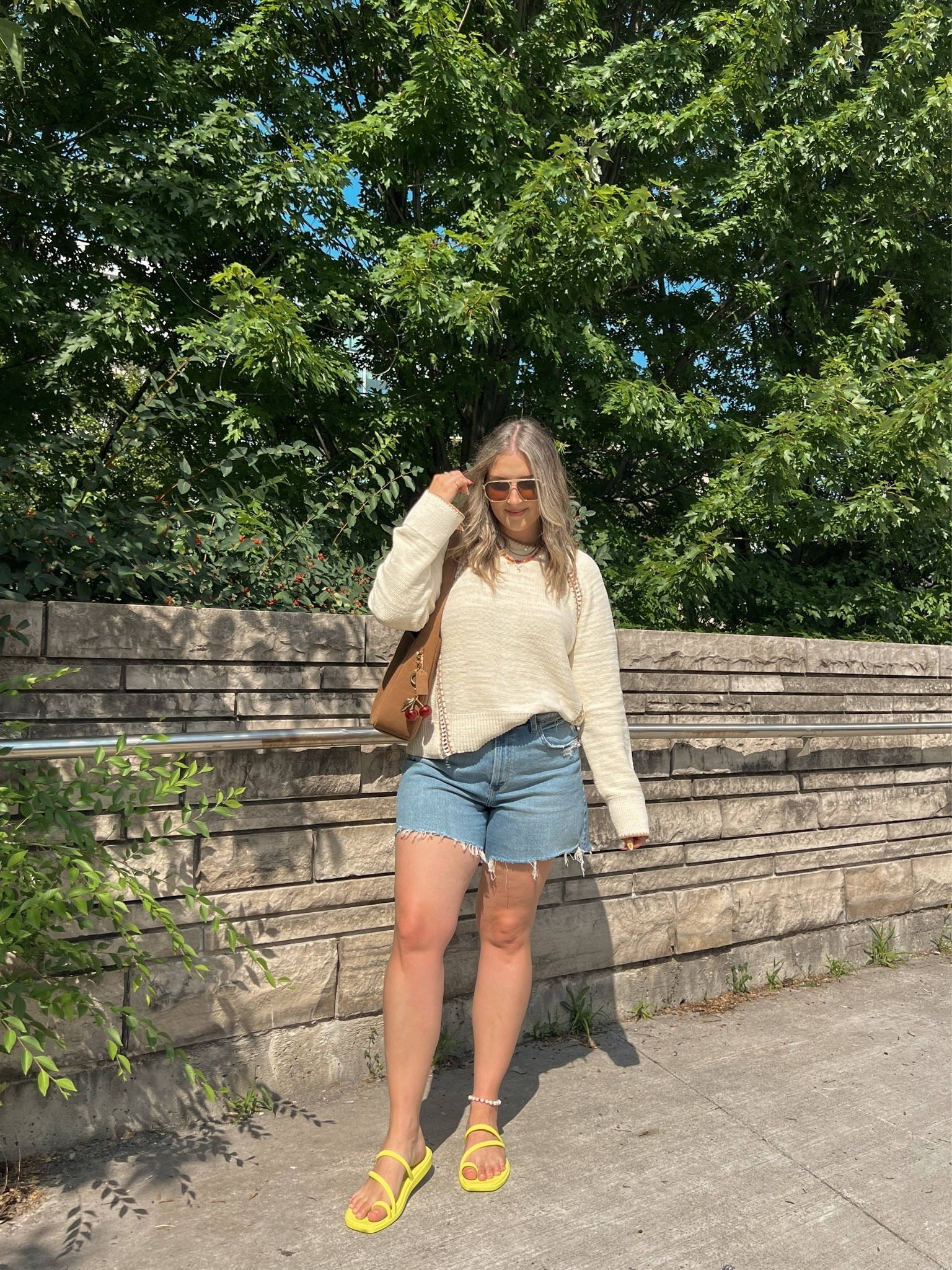 Casual summer outfit! Wearing my usual size L in the 100% cotton sweater. These are my fave denim shorts - love the 5 inch inseam! Sized up to 32 for a loose comfy fit. I’m a 9.5-10 shoe and wear a 10 in the crocs sandals

#LTKsummer #LTKsale #LTKmidsize
