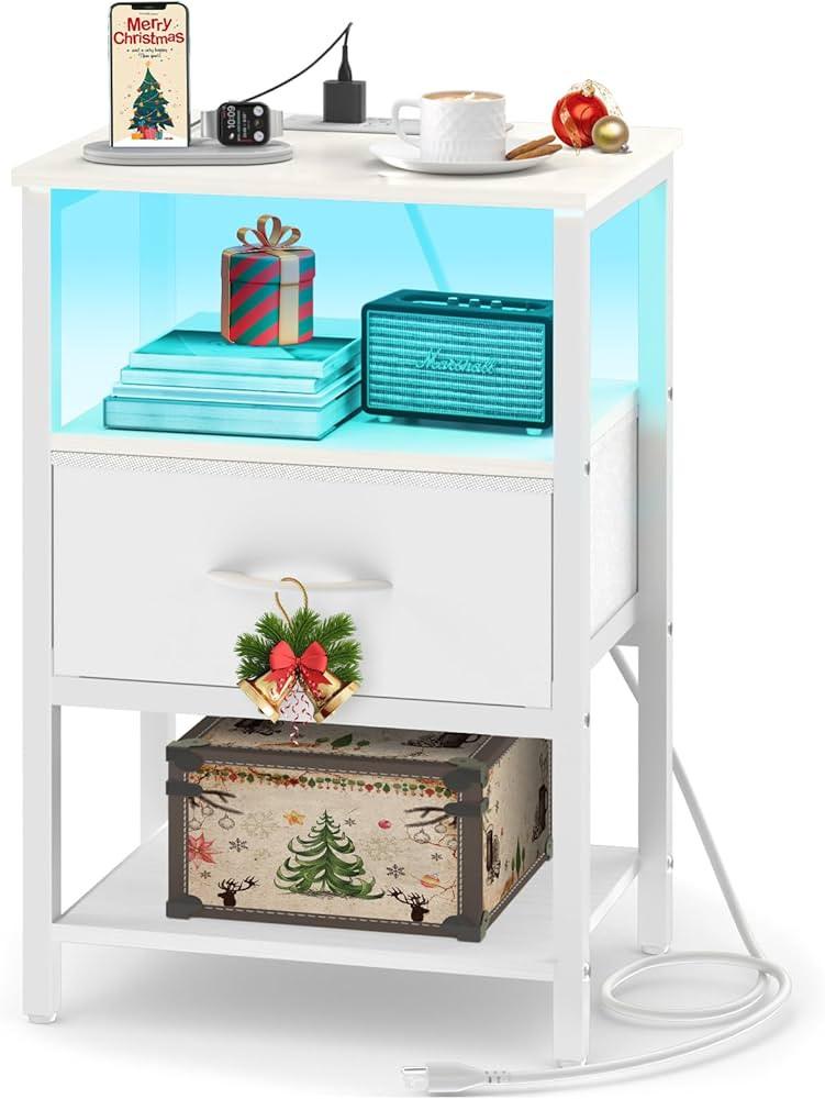 Yoobure White Night Stand with Charging Station, LED Nightstand for Bedroom, Bedside Tables with ... | Amazon (US)