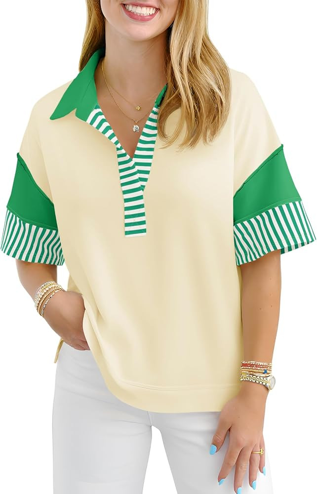 Fisoew Womens Color Block Sweatshirts Casual Short Sleeve Collared V Neck Slit Loose Summer T Shi... | Amazon (US)