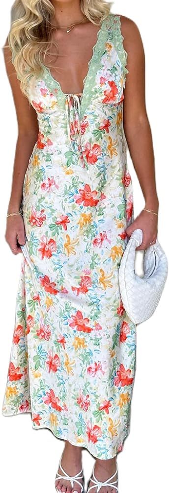 Women Floral V Neck Long Dress Y2K Backless Maxi Dresses Lace Trim Going Out Dress Boho Summer Be... | Amazon (US)