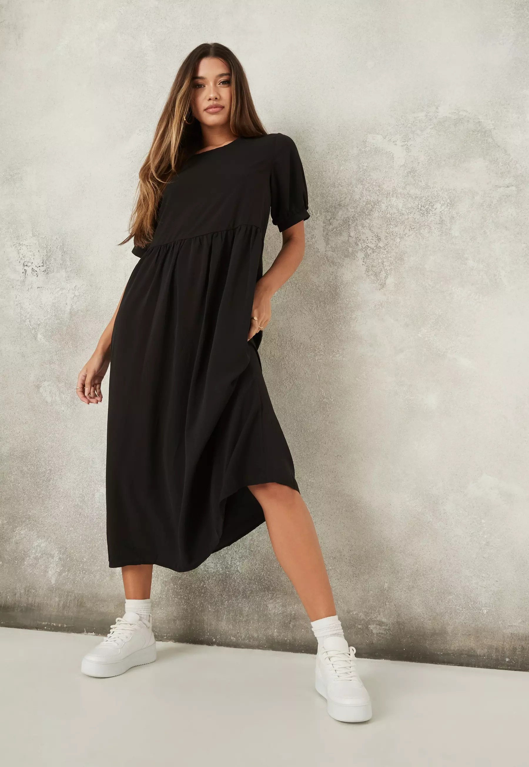 Black Puff Sleeve Midi Smock Dress | Missguided (US & CA)