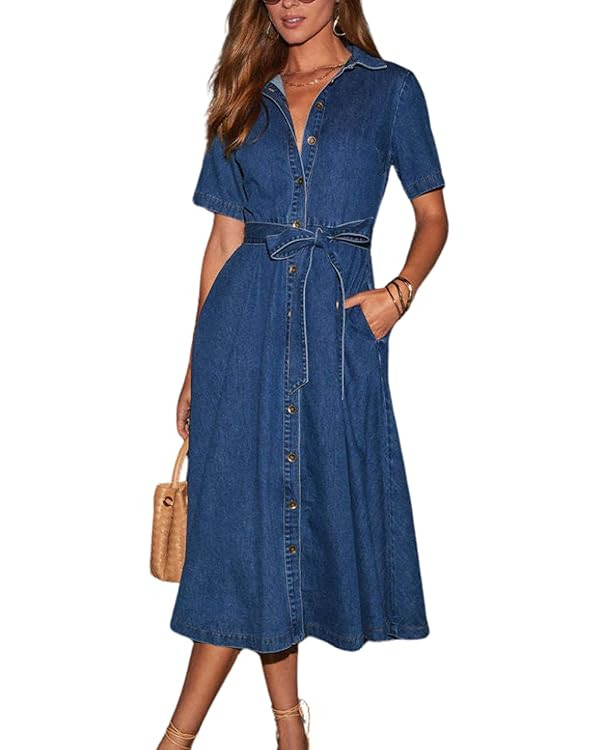 chouyatou Women Summer Belted Button Down Denim Shirt Dress Business Casual Short Sleeve Jean Shi... | Amazon (US)