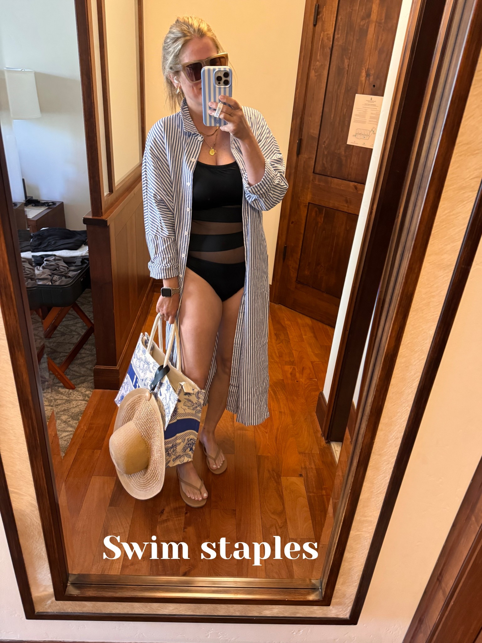 One piece swim, cover up, low profile flip flops, sunglasses 

#LTKSwim #LTKOver40 #LTKdayinmylife