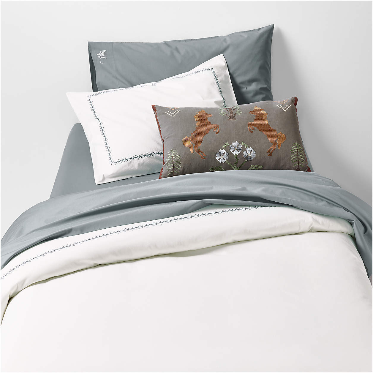 Evelyn Cozy Cloud Pampas Ivory and Blue Cross Stitch Kids Full/Queen Duvet Cover By Sharland Engl... | Crate & Barrel