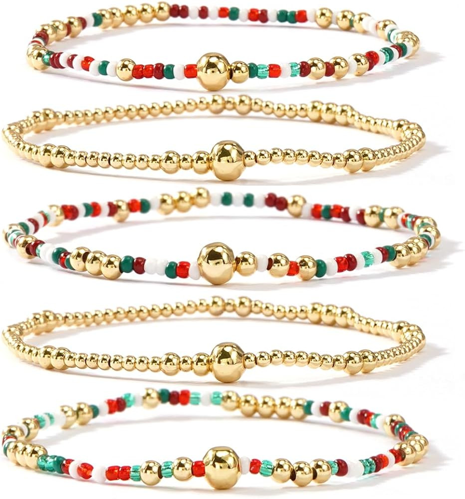 Gold Beaded Christmas Bracelets for Women - 14K Gold Plated Stretch Stackable Red Green Seed Bead... | Amazon (US)