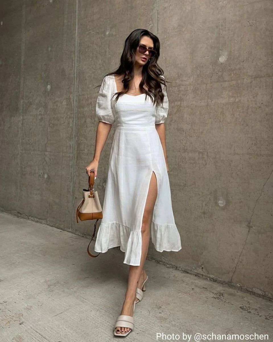 Puff Sleeve Split Hem Midi Dress - Women's Formal & Casual Midi Dresses - White - Dresses | RIHOA... | rihoas.com