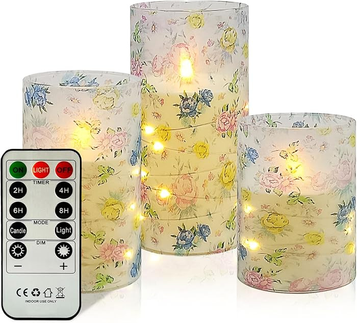Flickering Flameless Candles Vintage Blue Floral Print, Embedded Star String Lights, Battery Oper... | Amazon (US)