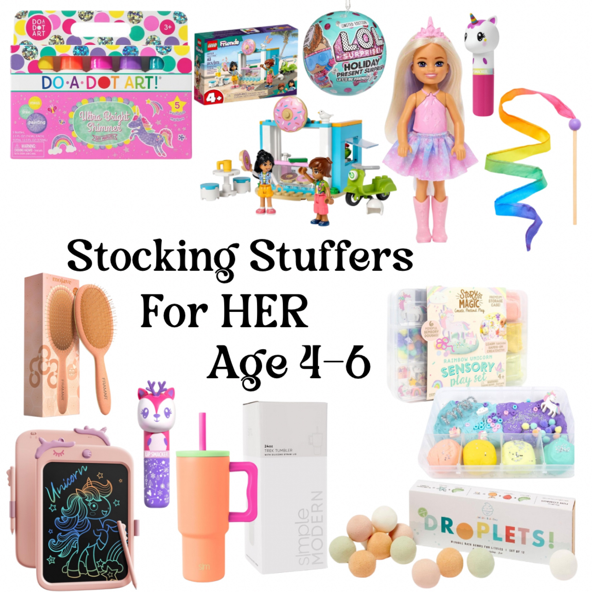 Stocking stuffers for HER! Ages 4-6! Glitter, unicorns, sensory toys, coloring, Barbie, Lego, lipsmackers, simple modern and more!

#LTKfindsunder50 #LTKGiftGuide #LTKHoliday