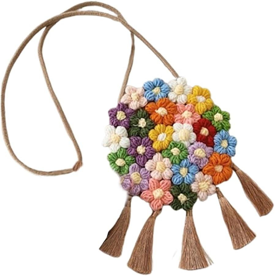 Bohemian Floral Handbag, Multicolor, Kid's Size, Crossbody Shoulder Handbag, Round Cotton Woven P... | Amazon (US)