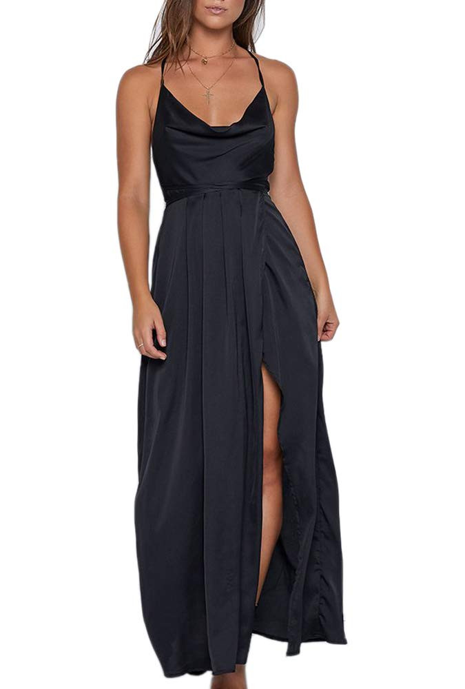 Women's Satin Formal Dress Sexy V Neck Backless Split Long Maxi Cocktail Party Wedding Guest Dres... | Amazon (US)