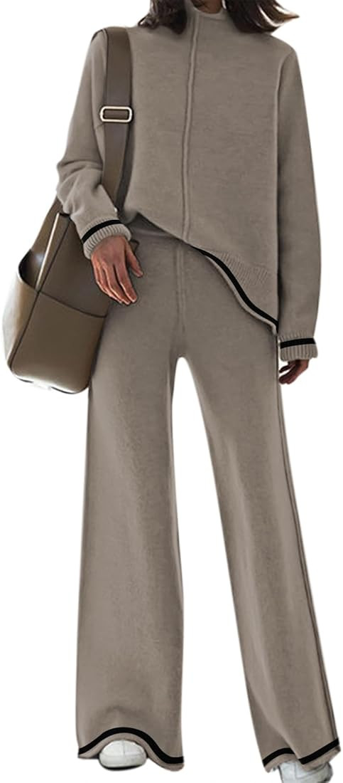 Fixmatti Women's 2 Piece Outfits Long Sleeve Stripe Sweater Top Wide Leg Pants Knit Lounge Sets S... | Amazon (US)