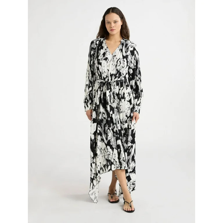 Scoop Women’s and Women's Plus Pleated Handkerchief Hem Dress with Long Sleeves, Sizes XS-4X | Walmart (US)
