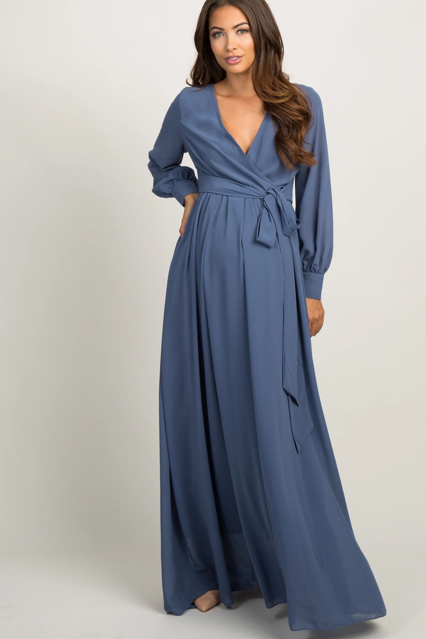 Blue Chiffon Long Sleeve Pleated Maternity Maxi Dress | PinkBlush Maternity