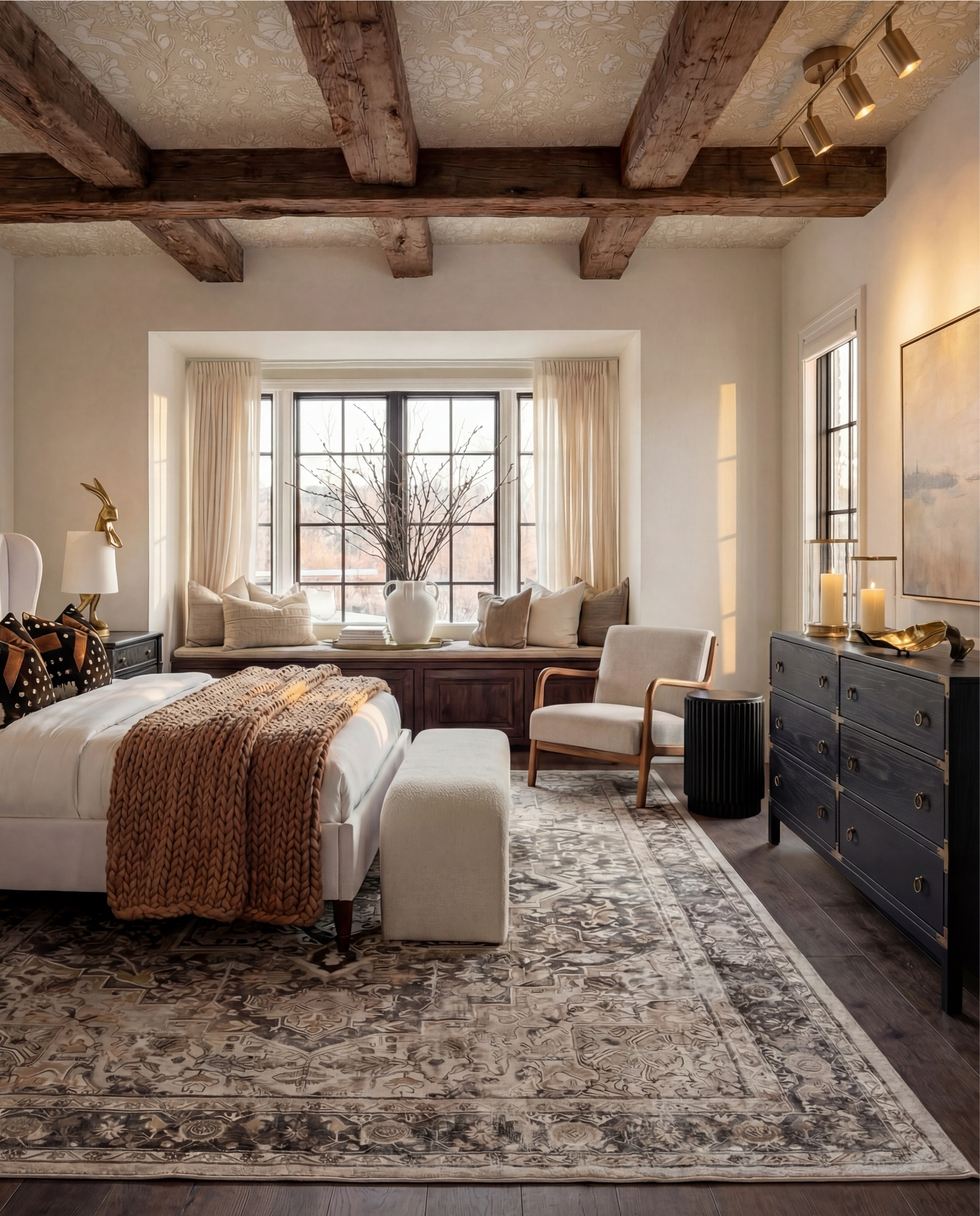 Shop the Look:
• Upholstered wingback bed (ivory fabric)
• White cotton bedding set
• Neutral euro pillows
• Black and tan patterned accent pillows
• Chunky knit throw blanket (camel brown)
• Dark black wood nightstands
• Decorative bunny Brass table lamps with white shades
• Framed abstract wall art (neutral tones)
• Vintage-style area rug (beige and taupe)
• Dark black wood dresser with brass hardware
• Brass ring drawer pulls
• Glass hurricane candle holders
• White pillar candles
• Decorative brass tray
• Sculptural brass decor object
• Small stone sculpture 
• Light beige linen curtains
• Ceramic vase (off-white)
• Decorative branches
• Coffee table books (neutral covers)
• Upholstered bench at foot of bed (cream fabric)
•upholstered wood accent chair 
•round ribbed black end table 

#LTKSaleAlert #LTKHome #LTKFindsUnder100