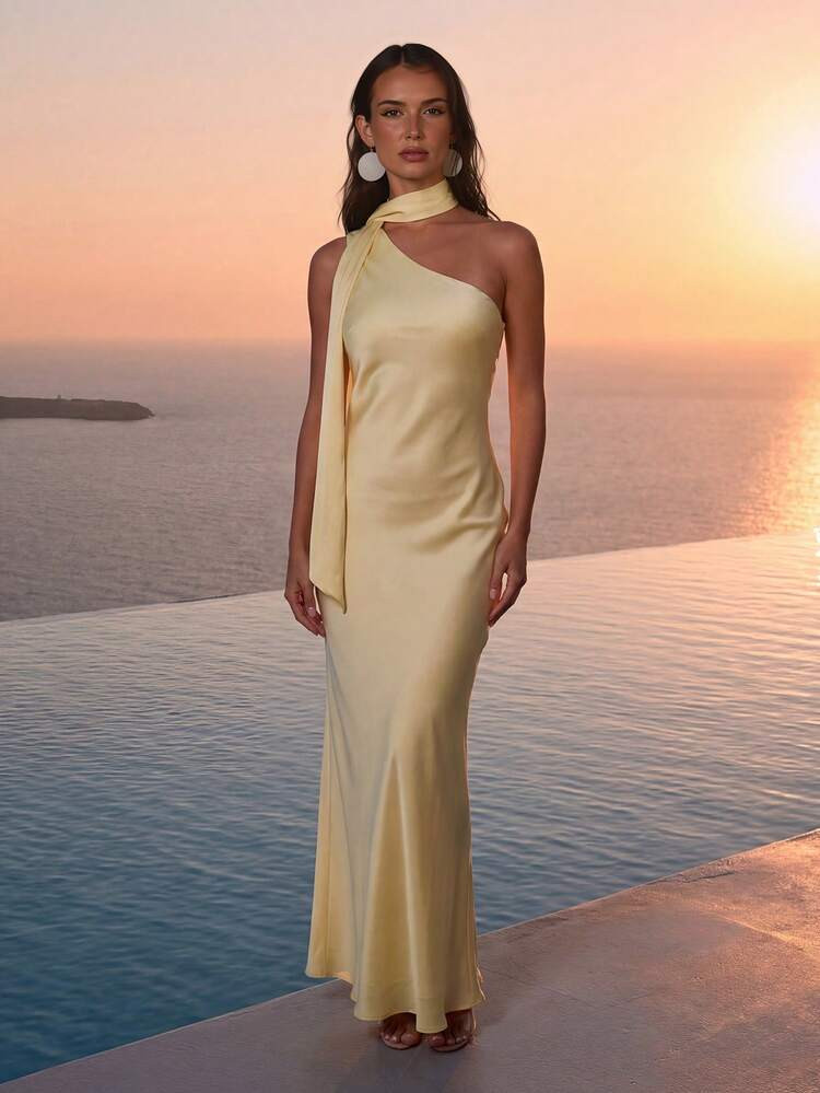 Elegant Women's Light Yellow Satin Fitted Sleeveless Scarf Neck Maxi Dress Wedding Spring | SHEIN