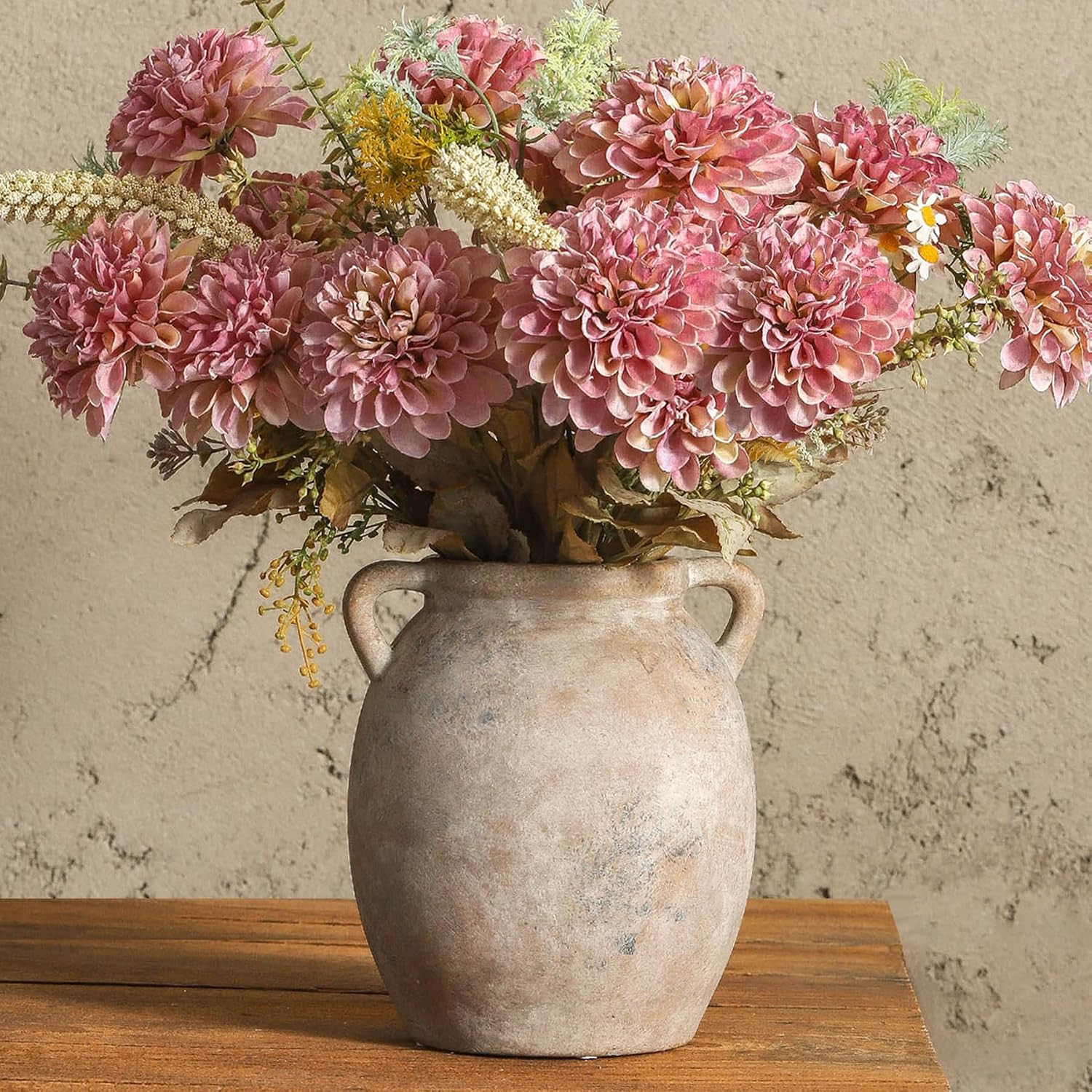 Dobbyby Ceramic Flower Vase 7.6 inch Farmhouse Rustic Vase Decorative Pottery Terracotta Vases for Home Decor Table Mantle Fireplace Living Room Bathroom Wedding Centerpiece (Whitewashed) | Amazon (US)