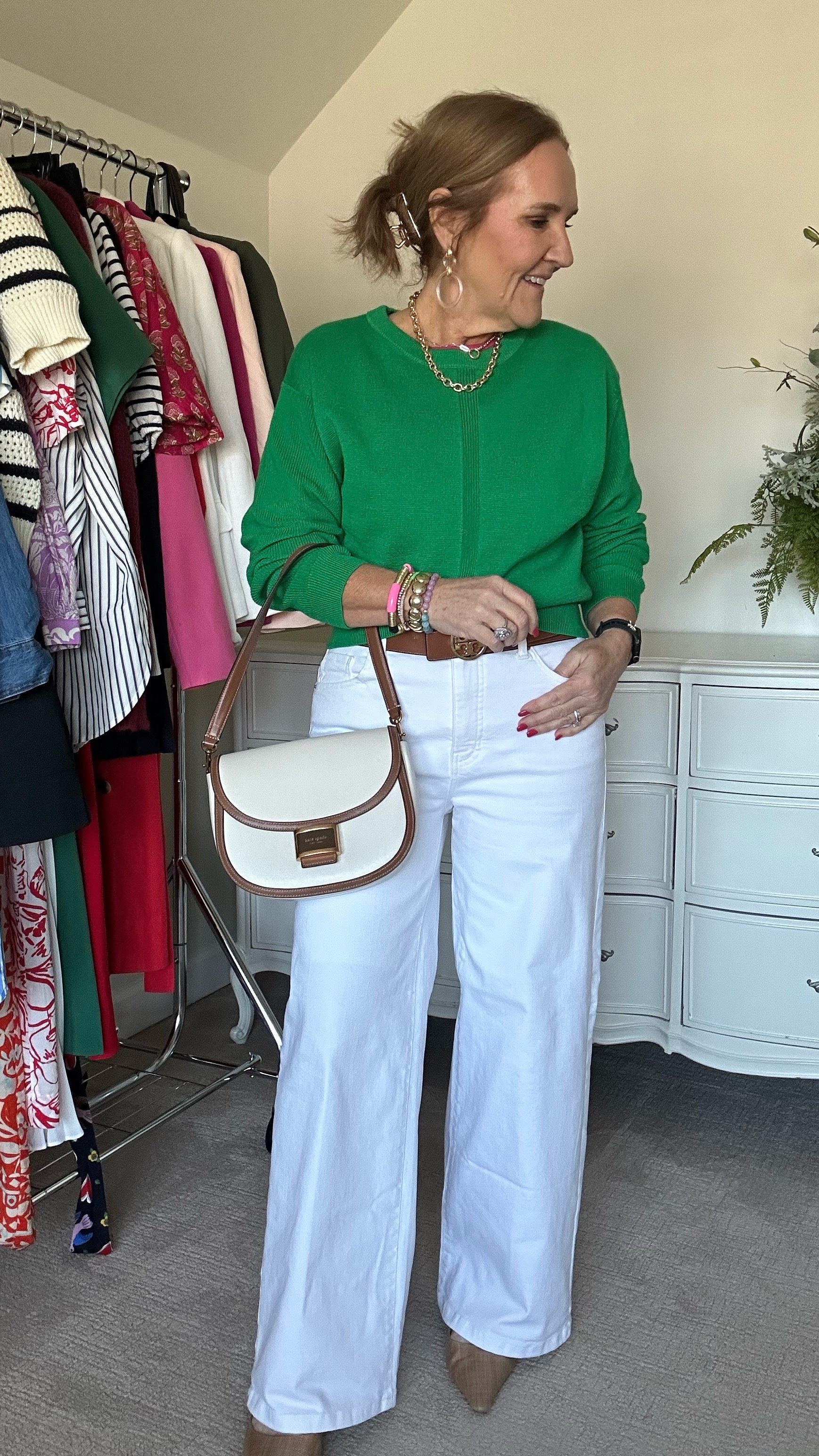 Sweater and satin tee size medium 
Jeans size 29 reg 
Add a slingback for an elevated look 
Linking a similar bag 
Allie Bess 20% off code NANETTE20
Eby bra discount code nanettefs15



Spring outfit resort wear white jeans green sweater banana republic factory 

#LTKFindsUnder100 #LTKWatchNow #LTKOver40