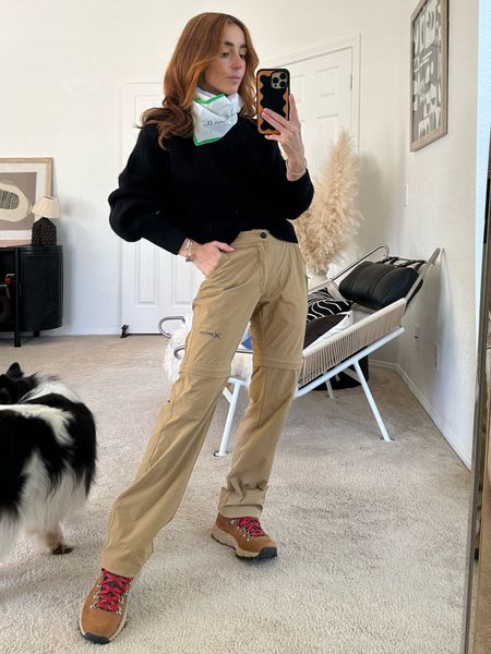 Fashion and function together. Paired hiking trousers and boots with a little vintage neck scarf from Dior for a play on wearable and high fashion. 