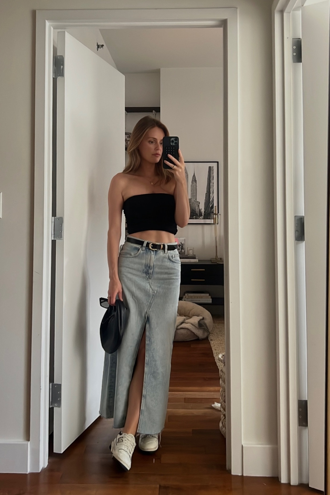 Maxi denim skirt outfit 