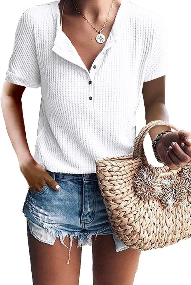 Glanzition Womens Tops Short Sleeve V Neck Button Up Loose Waffle Knit Tunic Henley Shirts | Amazon (US)