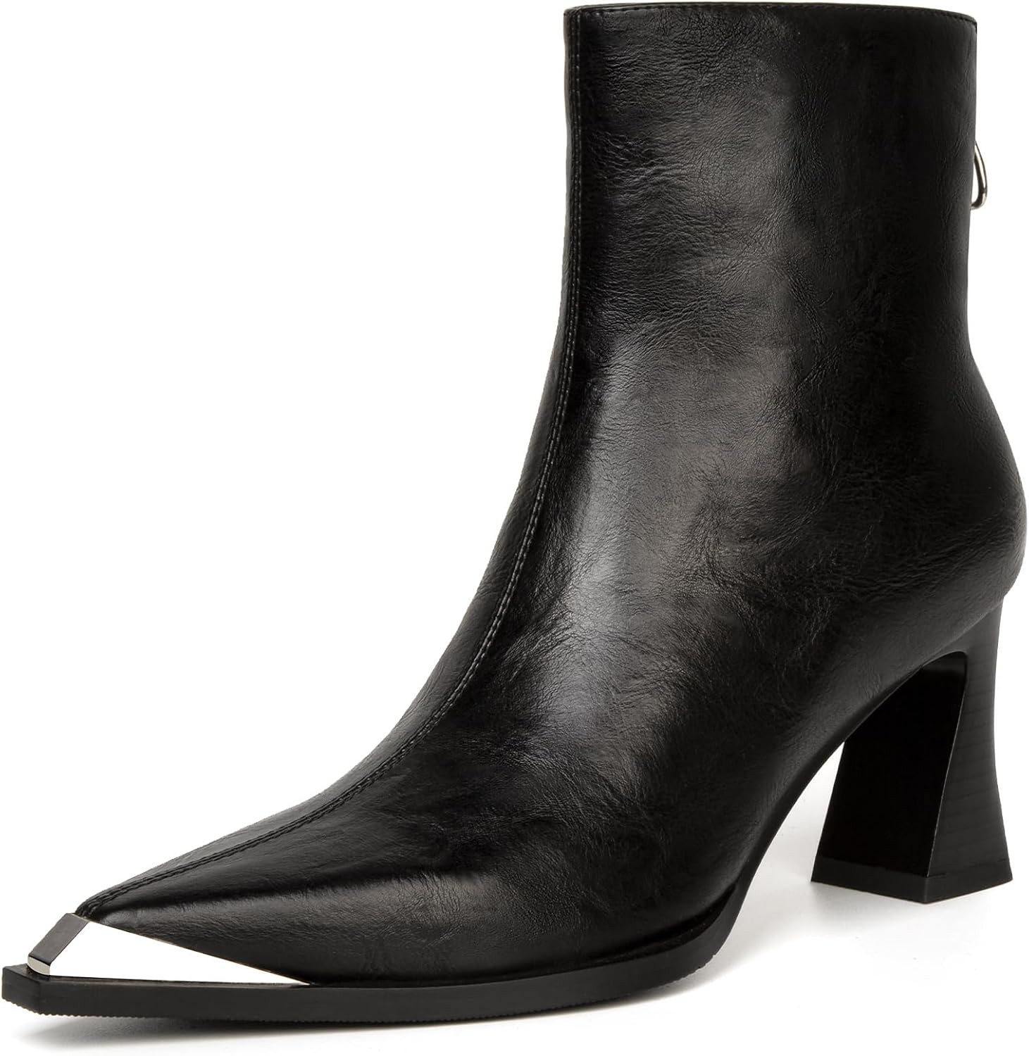 Pointed Toe Ankle Boots for Women Metal Leather Side Zipper Chunky Block Heels Comfortable Fall Booties Women Short Boots | Amazon (US)