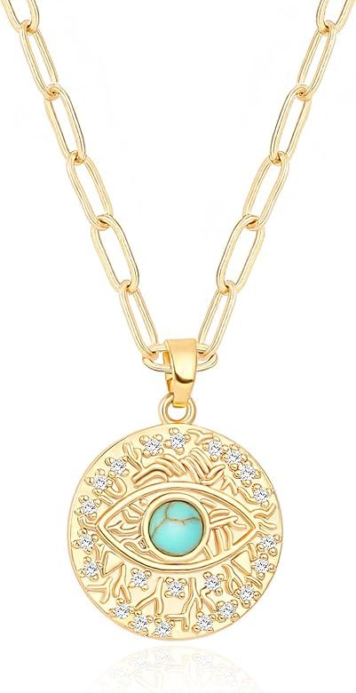 18K Gold Moon Star Lion Evil Eye Pendant Necklace Medallion Paperclip Chian Choker Layering Jewer... | Amazon (US)