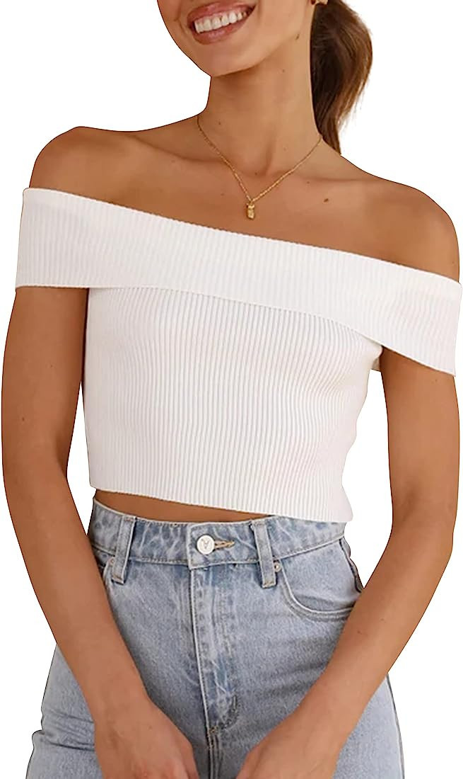 BAIGRAM Women Off Shoulder Crop Tee Top Going Out Casual Folded Neckline Short Sleeve Tshirt Basi... | Amazon (US)