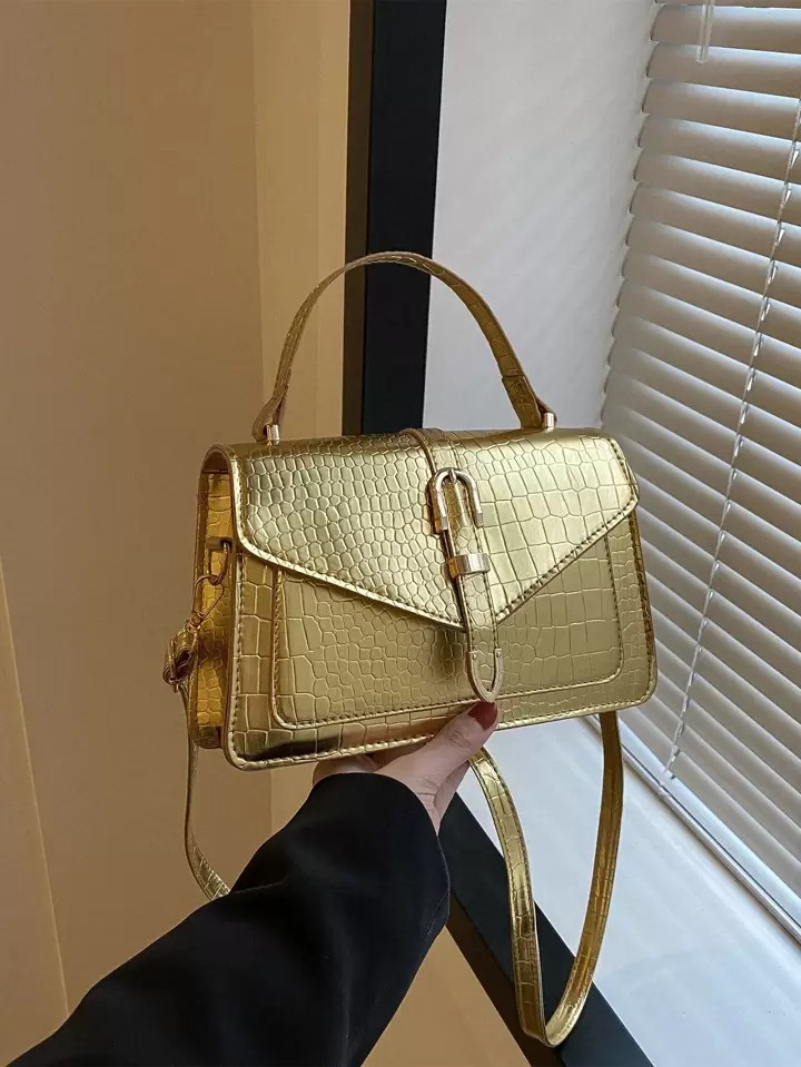 Metallic Crocodile Embossed Flap Square Bag | SHEIN