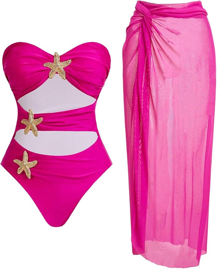 WDIRARA Women's Metallic Starfish Cut Out Strapless Bandeau Swimsuit with Cover Up Skirt 2 Piece ... | Amazon (US)