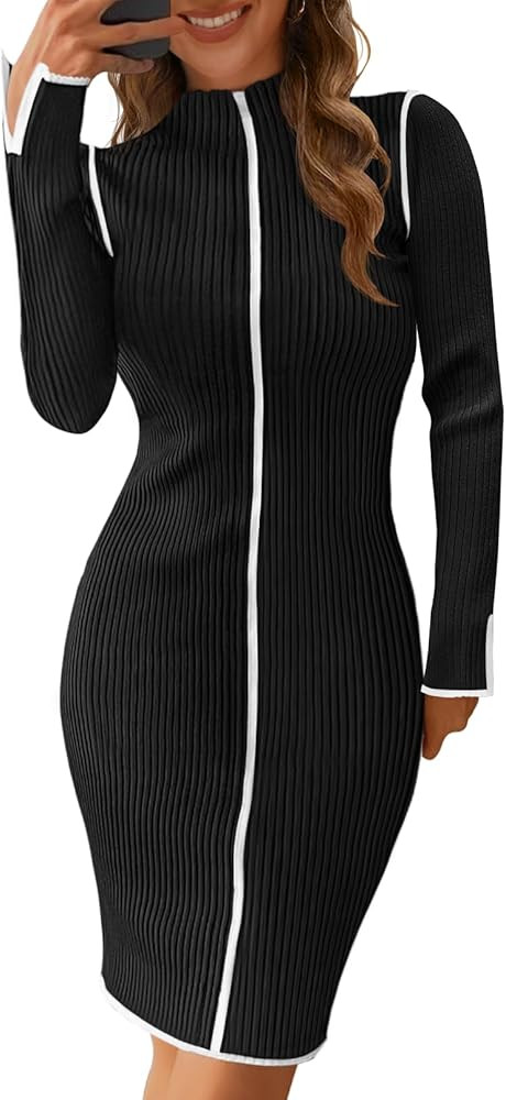 MEROKEETY Women's 2024 Long Sleeve Ribbed Knit Short Dress Color Block Mock Neck Bodycon Sweater ... | Amazon (US)
