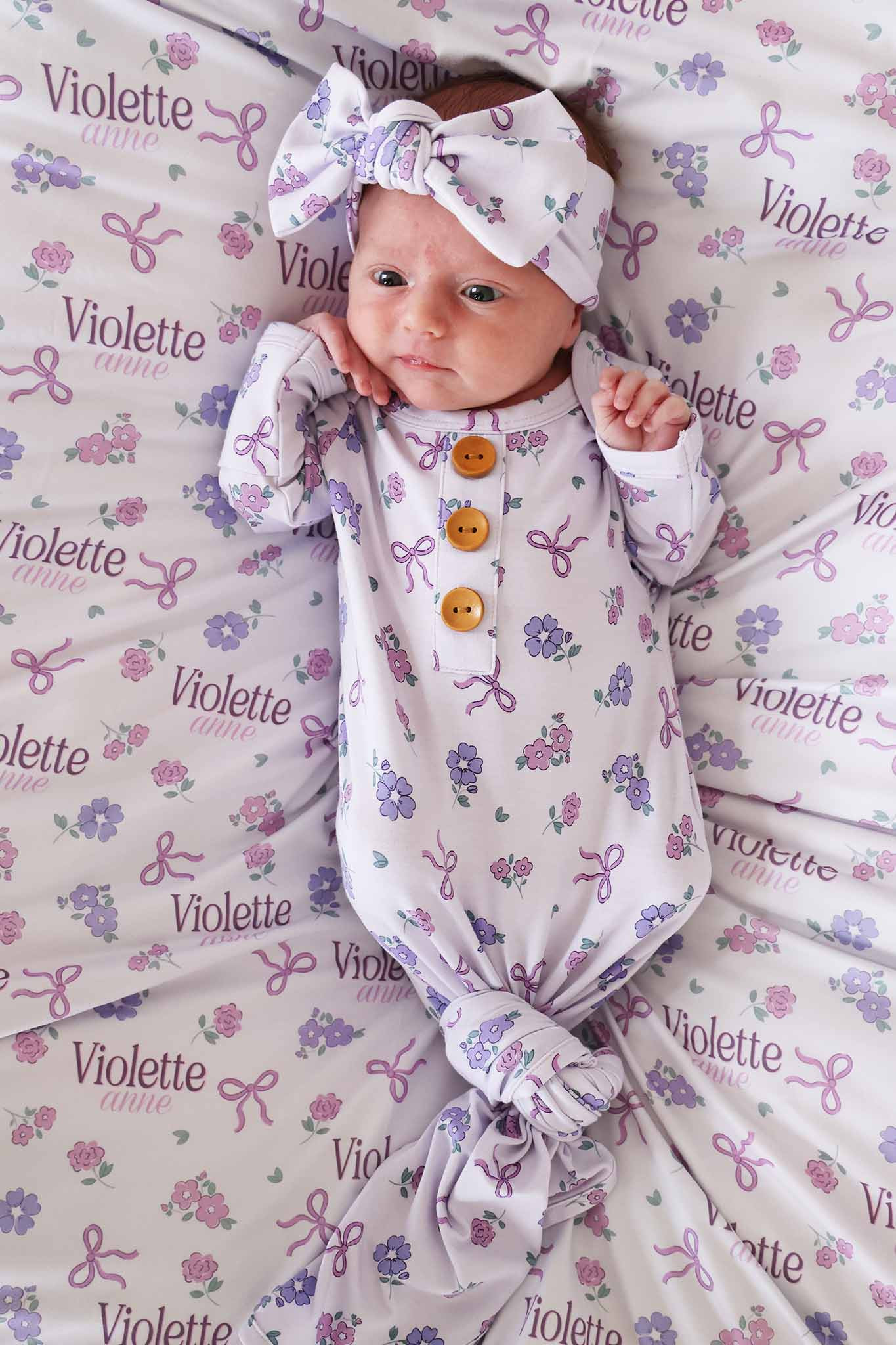 Ribbon & Roses Newborn Baby Knot Gown & Hat Set | Purple | Caden Lane
