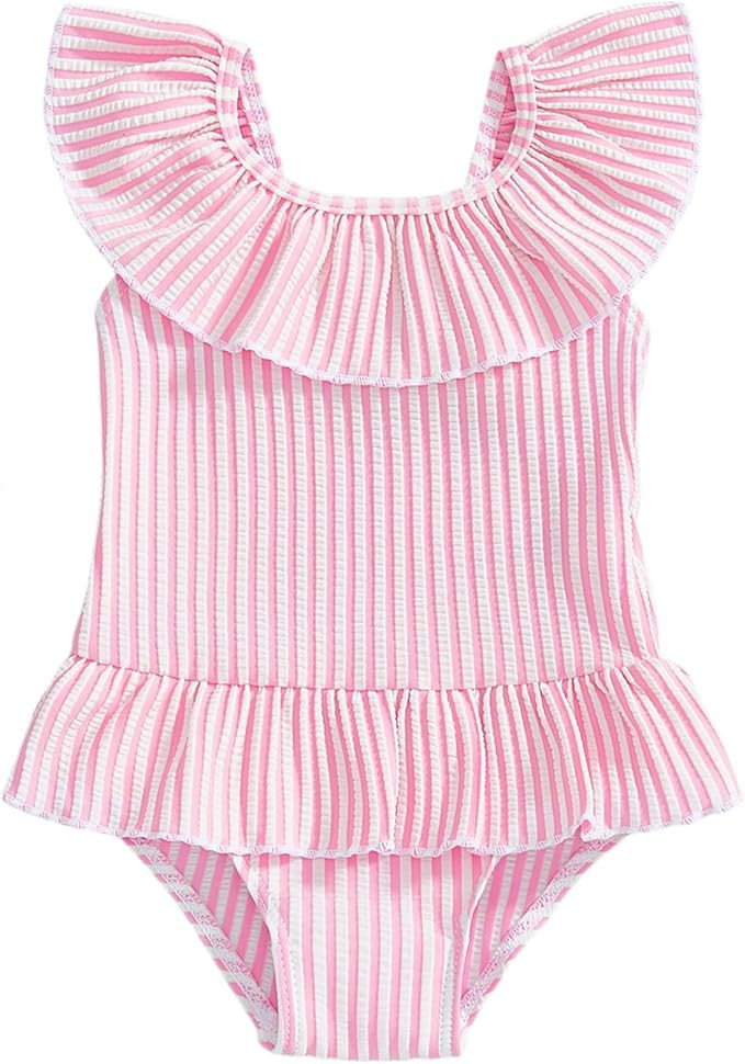 Toddler Baby Girls Seersucker Striped Sleeveless One Piece Swimsuit Bathing Suit Little Girls Ruf... | Amazon (US)