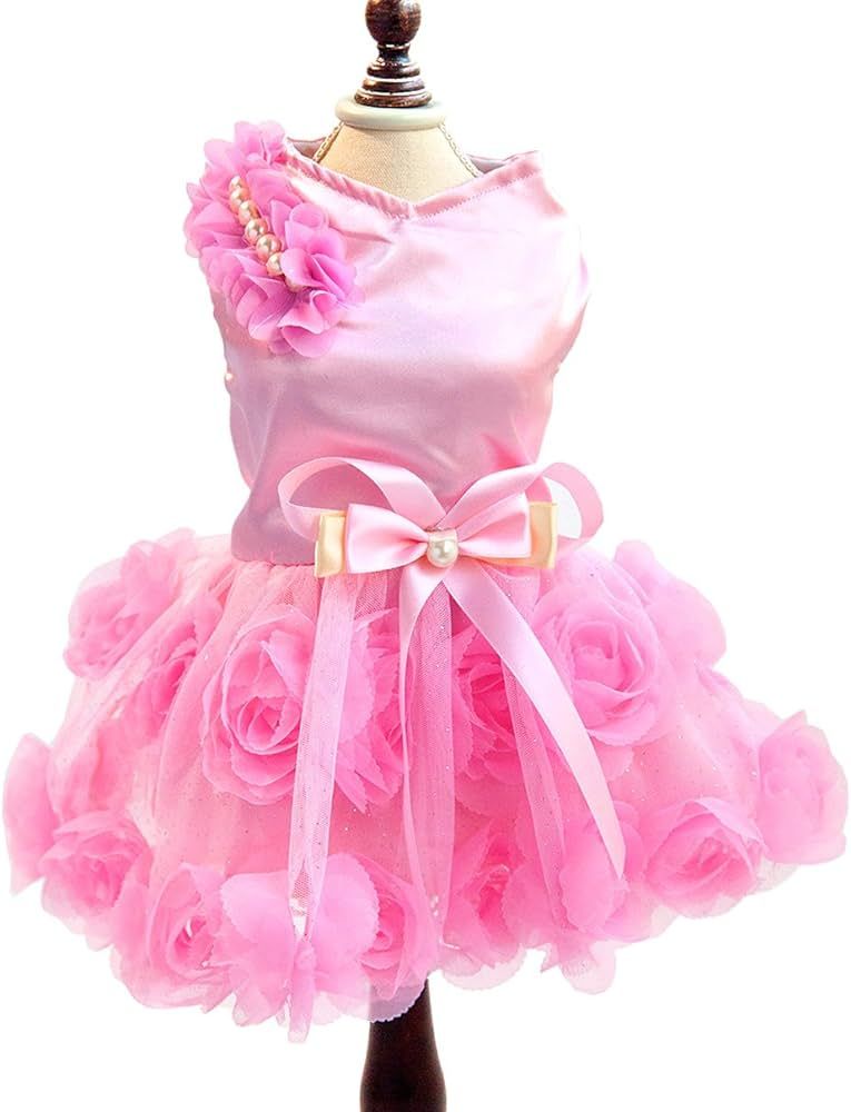 SMALLLEE_LUCKY_STORE Pet Small Dog Wedding Dress with Bowknot Birthday Party Costume Satin Rose P... | Amazon (US)