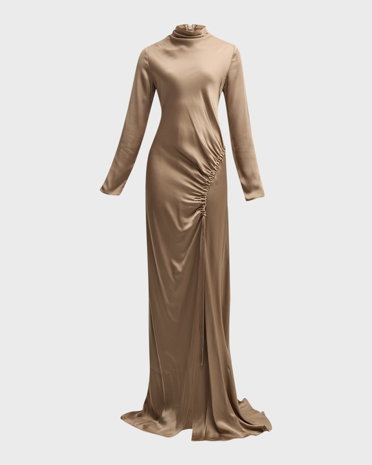 Long-Sleeve Ruched Slit-Hem Double-Face Satin Bias Gown | Neiman Marcus
