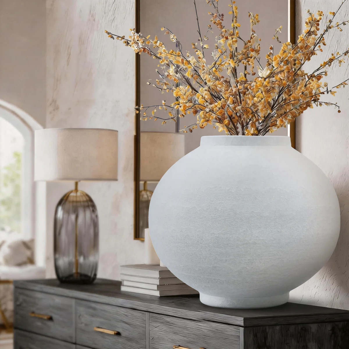 High-Fired Oat Milk White Wide-Mouth Ceramic Flower Vase, Matte Greige Textured Round Bulbous Art... | Wayfair North America